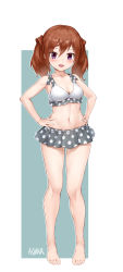 Rule 34 | 1girl, :d, absurdres, alice gear aegis, aomoro, bare arms, bare legs, barefoot, bikini, bikini skirt, blush, breasts, brown hair, cleavage, feet, full body, grey skirt, hair between eyes, hands on own hips, highres, kimikage yui, looking at viewer, medium breasts, medium hair, navel, open mouth, polka dot, polka dot bikini, polka dot skirt, purple eyes, signature, skirt, smile, solo, standing, stomach, swimsuit, thighs, toes, twintails, white bikini