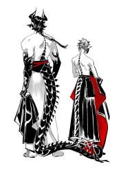 Rule 34 | 2boys, arknights, character request, check character, chong yue (arknights), commentary, contrast, dragon horns, dragon tail, english commentary, facing away, from behind, gauntlets, hakama, height difference, highres, holding, holding clothes, horns, hwei, japanese clothes, male focus, monochrome, multiple boys, muscular, muscular male, pointy ears, sandals, sash, short hair, short hair with long locks, skinny, socks, spot color, standing, tail, topless male, zouri, zuo le (arknights)