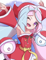 Rule 34 | 1girl, ;d, absurdres, armpits, arms up, blue hair, bow-shaped hair, breasts, cleavage, creatures (company), detached sleeves, dress, game freak, gen 1 pokemon, hat, highres, iono (pokemon), long hair, looking at viewer, magnemite, multicolored hair, nintendo, one eye closed, open mouth, pink eyes, pink hair, pokemon, pokemon (creature), pokemon sv, red dress, red headwear, rono (lethys), santa dress, santa hat, sharp teeth, small breasts, smile, teeth, twintails, two-tone hair, upper teeth only, very long hair