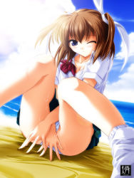 Rule 34 | 1990s (style), 1girl, aizawa tomomi, beach, blue eyes, bow, bowtie, bra, brown hair, covering privates, covering crotch, day, hair bow, lingerie, open clothes, open shirt, outdoors, panties, pantyshot, pia carrot (series), pia carrot e youkoso!!, pia carrot e youkoso!! 3, pussy juice, retro artstyle, school uniform, shirt, short hair, sitting, socks, solo, underwear, white bra, white panties, white socks, wince, yukirin