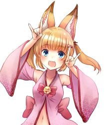 Rule 34 | 1girl, animal ear fluff, animal ears, armpits, arms up, blonde hair, blue eyes, detached sleeves, double fox shadow puppet, fangs, fox ears, fox shadow puppet, hair ornament, hairclip, japanese clothes, kemomimi oukoku kokuei housou, long hair, mikoko (kemomimi oukoku kokuei housou), navel, open clothes, open mouth, open shirt, pink shirt, shadow puppet, shirt, smile, solo, twintails, upper body, virtual youtuber