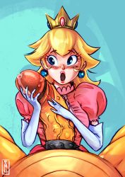 Rule 34 | 1boy, 1girl, absurdres, bowser, cum, cum in mouth, cum on body, cum on clothes, cum on hair, cum on upper body, facial, handjob, highres, mario (series), nintendo, open mouth, pov, pov crotch, princess peach, self-upload, spicy commie, super mario bros. 1, surprised, two-handed handjob