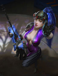 Rule 34 | 1girl, absurdres, black gloves, bodysuit, breasts, collarbone, colored skin, dark background, eyeliner, foreshortening, from above, full body, gloves, gun, head-mounted display, highres, holding, holding gun, holding weapon, lips, long hair, looking at viewer, looking up, makeup, medium breasts, overwatch, overwatch 1, pink bodysuit, ponytail, purple hair, purple skin, reaching, reaching towards viewer, rifle, shadow, short sleeves, solo, standing, standing on one leg, visor, weapon, weile zhang, widowmaker (overwatch), yellow eyes
