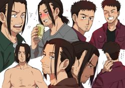 Rule 34 | !?, 1boy, :o, akahiro hirata, alcohol, beer, beer can, brown hair, can, choko egg, closed eyes, drink can, facial hair, frown, grey shirt, grin, hand up, holding, holding can, kaze ga tsuyoku fuiteiru, looking at viewer, male focus, medium hair, multiple views, parted lips, red shirt, shirt, simple background, smile, stubble, surprised, sweatdrop, topless male, white background