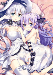 Rule 34 | 2girls, ahoge, anchor, ass, azur lane, bare arms, bare shoulders, black bow, black ribbon, blue eyes, blush, bow, breasts, commentary request, covered erect nipples, detached collar, dress, elbow gloves, fujima takuya, gloves, hair between eyes, hair bun, hair ribbon, hat, illustrious (azur lane), large breasts, long hair, low twintails, lying, multiple girls, on back, one side up, panties, panty pull, parted lips, purple eyes, purple hair, ribbon, see-through, side bun, silver hair, single hair bun, single side bun, small breasts, smile, strapless, strapless dress, thighhighs, twintails, twitter username, underwear, unicorn (azur lane), very long hair, white dress, white gloves, white hat, white legwear, white panties