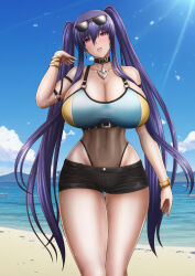 Rule 34 | 1girl, action taimanin, akiyama rinko, alternate costume, alternate hairstyle, bare legs, bare shoulders, beach, breasts, cleavage, covered navel, curvy, day, earrings, hand on own hip, highleg, highleg one-piece swimsuit, highres, huge breasts, jewelry, long hair, nikozes, official alternate costume, official alternate hairstyle, one-piece swimsuit, open mouth, outdoors, shiny skin, short shorts, shorts, solo, standing, sunglasses on head, swimsuit, swimsuit under clothes, taimanin (series), taimanin yukikaze, twintails