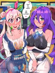 Rule 34 | 2girls, absurdres, airani iofifteen, arm under breasts, arms behind back, blonde hair, blue hair, blush, bodypaint, bow, bow hairband, breasts, cleft of venus, collared shirt, colored inner hair, diforland, english text, exhibitionism, gradient eyes, green bow, hair ornament, hair ribbon, hairband, highres, hololive, hololive indonesia, indoors, large breasts, light blue hair, long hair, looking at viewer, moona hoshinova, multicolored eyes, multicolored hair, multiple girls, nervous, nervous smile, one side up, open mouth, paint splatter, paint splatter on face, painted clothes, pink bow, pink hair, public indecency, public nudity, purple eyes, purple hair, pussy, red eyes, ribbon, shirt, shop, side ponytail, side up bun, smile, speech bubble, sweat, swept bangs, teeth, two-tone hair, two-tone hairband, upper teeth only, virtual youtuber, yellow eyes