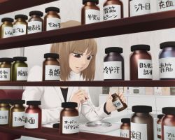 Rule 34 | 1girl, black shirt, bottle, bowl, brown hair, commentary request, desk, eye drops, holding, lab coat, light brown hair, long sleeves, original, parted lips, scientist, shelf, shirt, solo, translation request, uneven eyes, vial, yajirushi (chanoma)