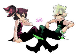Rule 34 | + +, 2boys, adapted costume, alternate hairstyle, black footwear, black hair, black pants, black vest, brown eyes, closed mouth, cousins, cup, dated, dress shirt, drinking glass, from side, full body, genderswap, genderswap (ftm), gomipomi, grey hair, highres, holding, inkling, invisible chair, light frown, looking at viewer, looking back, mask, mole, mole under eye, multiple boys, necktie, nintendo, pants, parted lips, pointy ears, popped collar, red necktie, scrunchie, shirt, shoes, short hair, simple background, sitting, sleeves rolled up, smile, tentacle hair, topknot, vest, white background, white shirt, wine glass