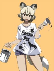 Rule 34 | 10s, 1girl, african wild dog (kemono friends), alternate costume, animal ears, bare arms, bare legs, blonde hair, brown eyes, brown hair, can, casual, clothes writing, collarbone, contemporary, cowboy shot, denim, denim shorts, dog ears, dog tail, fangs, hair between eyes, hand up, hane (kirschbaum), holding, holding can, kemono friends, looking at viewer, open mouth, paint, paint can, paint splatter, paintbrush, platinum blonde hair, shirt, short hair, short sleeves, shorts, sidelocks, simple background, solo, standing, t-shirt, tail, trim brush