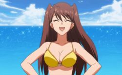 Rule 34 | 1990s (style), 1girl, aika (series), aika r-16, animated, animated gif, bare shoulders, beach, bikini, bouncing breasts, breasts, brown hair, cleavage, closed eyes, collarbone, female focus, large breasts, long hair, retro artstyle, shingai eri, sky, smile, solo, sparkle, swept bangs, swimsuit, upper body, water, yellow bikini