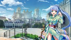 Rule 34 | 1girl, :d, blue hair, blue sky, blush, building, castle, city, cloud, cloudy sky, day, dmm, dress, fountain, gate, girls symphony, green dress, green eyes, hair ornament, hand up, happy, highres, holding, juliet sleeves, long hair, long sleeves, looking at viewer, open mouth, outdoors, palace, ponytail, puffy sleeves, railing, sky, skyline, smile, solo, stairs, standing, tree, very long hair, cane, wallpaper, wind, wind lift