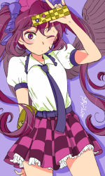 Rule 34 | 1girl, \m/, bad id, bad pixiv id, blush, cellphone, checkered clothes, checkered skirt, female focus, hair ribbon, hat, himekaidou hatate, long hair, looking at viewer, necktie, one eye closed, phone, purple eyes, purple hair, ribbon, skirt, solo, tokin hat, touhou, twintails, wings, wink, yukataro
