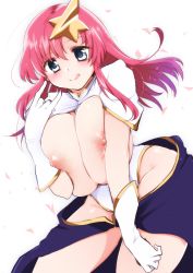 Rule 34 | 00s, 1girl, :q, blue eyes, breast press, breasts, breasts out, gloves, gundam, gundam seed, gundam seed destiny, hair ornament, huge breasts, long hair, meer campbell, morita gurutamin, nipples, pink hair, simple background, solo, star (symbol), star hair ornament, thighs, tongue, tongue out, white gloves