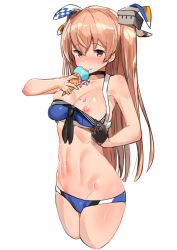 Rule 34 | 1girl, bad id, bad twitter id, bikini, black gloves, blue bikini, blush, breasts, brown eyes, brown hair, food, food on face, gloves, hair between eyes, hair ribbon, highres, ice cream, ice cream cone, johnston (kancolle), kantai collection, licking, light brown hair, long hair, medium breasts, navel, nipples, osananajimi neko, ribbon, simple background, single glove, solo, standing, swimsuit, tongue, tongue out, twintails, two side up, white background
