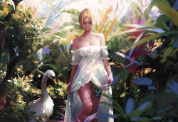 Rule 34 | 1girl, artist name, bare shoulders, bird, blonde hair, blue eyes, breasts, bug, butterfly, cleavage, day, dress, g-tz, highres, bug, looking at viewer, medium breasts, original, outdoors, short hair, smile, solo, strapless, strapless dress, swan, walking, white dress