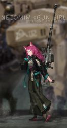 Rule 34 | 1girl, animal ears, anti-materiel rifle, belt, boots, carrying over shoulder, cat ears, full body, glasses, gloves, gun, high heels, highres, jacket, kare huang, long hair, looking at viewer, mecha, original, pink hair, rifle, robot, science fiction, smile, sniper rifle, walking, wall, weapon