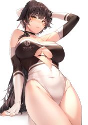 Rule 34 | 1girl, amagimei, arm support, azur lane, bare shoulders, black hair, blush, bow, breasts, brown eyes, cleavage, closed mouth, covered erect nipples, covered navel, elbow gloves, fingerless gloves, gloves, hair bow, hair flaps, hand in own hair, hand up, highres, large breasts, leaning back, long hair, looking at viewer, ponytail, race queen, simple background, solo, standing, takao (azur lane), takao (full throttle charmer) (azur lane), thighhighs, thighs, unitard, very long hair, white background, white bow
