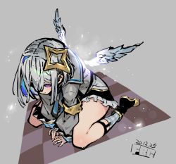 Rule 34 | 1girl, amane kanata, armband, black footwear, black skirt, blue hair, boots, checkered floor, closed mouth, dated, fbc, feathered wings, frilled skirt, frills, grey background, grey hair, grey jacket, hololive, jacket, long sleeves, looking at viewer, multicolored hair, plaid, plaid legwear, puffy long sleeves, puffy sleeves, purple eyes, simple background, single hair intake, sitting, skirt, smile, socks, solo, two-tone hair, virtual youtuber, wariza, white wings, wings