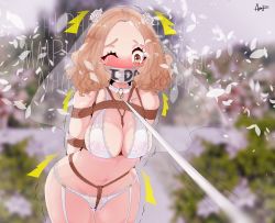 Rule 34 | 1girl, arms behind back, azamuku-chan, bad end, bdsm, begging, blurry, blurry background, blush, bondage, bound, box tie, bra, breasts, bridal veil, brown eyes, brown hair, collar, crotch rope, crotch rub, crying, curly hair, dress, english text, field, flower, flower field, functionally nude, gag, gagged, garter belt, garter straps, hair ornament, highres, imminent penetration, imminent rape, improvised gag, large breasts, leash, lingerie, motion lines, navel, nipples, okumura haru, one eye closed, panties, persona, persona 5, rope, rose, sad, scared, see-through, shibari, slave, solo, tagme, tape, tape gag, thighs, uncensored, underwear, veil, wedding, wedding dress, wedding lingerie, white flower, white panties, white rose