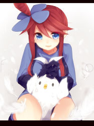 Rule 34 | 10s, 1girl, blue eyes, character request, creatures (company), etsuo, game freak, gloves, gym leader, hair ornament, letterboxed, long hair, nintendo, pokemon, pokemon (creature), pokemon bw, red hair, skyla (pokemon)