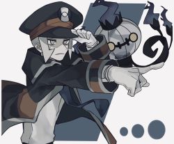 Rule 34 | 1boy, black coat, black headwear, chandelure, coat, commentary request, creatures (company), game freak, gen 5 pokemon, gloves, grey eyes, grey hair, hand up, hat, highres, ingo (pokemon), long sleeves, male focus, nino06aster, nintendo, open clothes, open coat, outstretched arm, peaked cap, pointing, pokemon, pokemon (creature), pokemon bw, shirt, short hair, sideburns, upper body, white background