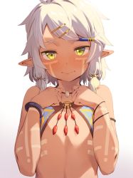 Rule 34 | 1girl, bad id, bad twitter id, bare shoulders, blush, commentary, dark skin, dark-skinned female, elf, flat chest, green eyes, hair ornament, hairclip, hands on own chest, jewelry, kinta (distortion), looking at viewer, necklace, o-ring, o-ring top, original, pointy ears, short hair, simple background, solo, tattoo, upper body, wavy mouth, white background, white hair