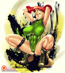 Rule 34 | 1girl, abs, ahoge, armpits, arms behind head, arms up, beret, blonde hair, boots, braid, breasts, cameltoe, cammy white, capcom, cleft of venus, covered erect nipples, covered navel, cyberunique, gloves, hat, highleg, highleg leotard, highres, leotard, looking at viewer, solo, squatting, street fighter, street fighter v, thick thighs, thigh strap, thighs, toned, twin braids