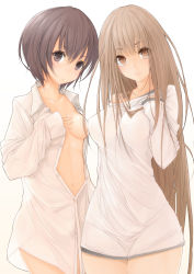 Rule 34 | 2girls, bottomless, breasts, brown eyes, brown hair, collarbone, dress shirt, hand on own chest, highres, large breasts, long hair, looking at viewer, maru-pen, medium breasts, multiple girls, naked shirt, navel, no bra, open clothes, open shirt, original, shirt, short hair, simple background, smile, unbuttoned, very long hair, white background