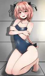 Rule 34 | 1boy, :d, alternate eye color, astolfo (fate), bare arms, bare legs, bare shoulders, barefoot, baretto (karasi07), black bow, blue one-piece swimsuit, blush, body blush, bow, braid, collarbone, commentary request, competition school swimsuit, covered navel, crossed arms, embarrassed, fang, fate/apocrypha, fate (series), feet, full body, furrowed brow, hair between eyes, hair bow, hair intakes, half-closed eyes, highres, indoors, kneeling, long hair, looking at viewer, male focus, one-piece swimsuit, open mouth, pink hair, red eyes, school swimsuit, shadow, shiny clothes, single braid, smile, solo, sweatdrop, swimsuit, trap