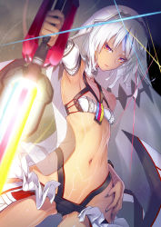 Rule 34 | 1girl, altera (fate), armpits, choker, collar, dark skin, dark-skinned female, detached sleeves, fate/grand order, fate (series), flat chest, foreshortening, gluteal fold, hand on own hip, highres, jitome, looking at viewer, nail polish, navel, nilitsu, orange eyes, outstretched arm, photon ray (fate), serious, solo, sword, weapon, white hair