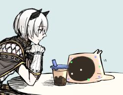 Rule 34 | 1boy, animal ears, black eyes, blue background, brown cape, bubble tea, cape, cat ears, closed mouth, commentary request, creator (ragnarok online), cup, drinking straw, gloves, head rest, kusabi (aighe), ragnarok online, short hair, simple background, slime (creature), smile, table, upper body, vanilmirth (ragnarok online), white gloves, white hair