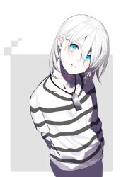 Rule 34 | androgynous, bad id, bad pixiv id, blue eyes, blush, earrings, erubo, gender request, jewelry, long sleeves, looking at viewer, male focus, original, shirt, striped clothes, striped shirt, white hair