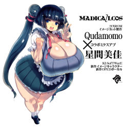 Rule 34 | 1girl, black hair, blue eyes, breasts, cleavage, curvy, full body, hoshima mika, huge breasts, long hair, looking at viewer, maaru tougou, open mouth, plump, pochamaider, qudamomo, smile, solo, standing, thick thighs, thighs, twintails, wide hips