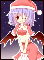 Rule 34 | &gt;;d, 1girl, ;d, alternate costume, bat wings, christmas, gaius (nikoniko2), hat, highres, leaning forward, looking at viewer, navel, one eye closed, open mouth, purple hair, red eyes, remilia scarlet, santa hat, short hair, smile, solo, touhou, v-shaped eyebrows, v arms, wings