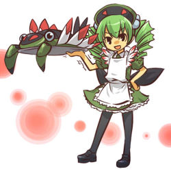 Rule 34 | &gt;:), &gt;:d, 00s, 1girl, :d, anorith, apron, black pantyhose, bow, carrying, creatures (company), drill hair, game freak, gen 3 pokemon, green hair, hair bobbles, hair ornament, hand on own hip, hip focus, hitec, maid, maid apron, moemon, nintendo, open mouth, pantyhose, personification, pokemon, pokemon (creature), pokemon rse, smile, tray, trembling, twintails, v-shaped eyebrows