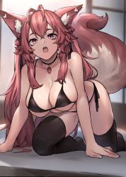 Rule 34 | 1girl, :o, absurdres, all fours, animal ears, antenna hair, bare arms, bare shoulders, bikini, black bikini, black choker, black thighhighs, borrowed character, breasts, choker, cleavage, commission, fox ears, fox girl, fox tail, highres, kireina (osiimi), large breasts, large tail, long hair, looking at viewer, neonbeat, open mouth, original, pink eyes, pink hair, side-tie bikini bottom, skindentation, solo, string bikini, swimsuit, tail, thighhighs, thighs, twintails, very long hair, virtual youtuber