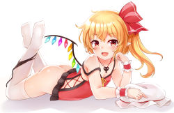 Rule 34 | 1girl, arm support, ass, bare arms, bare shoulders, black panties, blonde hair, blush, camisole, collarbone, crystal, fang, flandre scarlet, full body, hair ribbon, hand up, hat, highres, jewelry, long hair, looking at viewer, lying, mob cap, necklace, no pants, no shoes, on stomach, one side up, open mouth, panties, panties around leg, petite, pointy ears, red eyes, red ribbon, ribbon, simple background, smile, solo, spaghetti strap, strap slip, the pose, thighhighs, touhou, underwear, unworn hat, unworn headwear, white background, white hat, white thighhighs, wings, wrist cuffs, yangshangshu