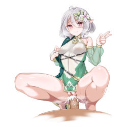 Rule 34 | 1boy, 1girl, antenna hair, bad id, bad pixiv id, bare shoulders, blush, breasts, bridal gauntlets, closed mouth, clothed sex, cum, cum in pussy, detached sleeves, dress, elf, flower, girl on top, green dress, green sleeves, hair between eyes, hair flower, hair ornament, hetero, highres, husun wei, jewelry, kokkoro (princess connect!), long sleeves, looking at viewer, no panties, penis, pink eyes, pointy ears, princess connect!, puffy long sleeves, puffy sleeves, pussy, ring, see-through, see-through sleeves, sex, short dress, short hair, silver hair, simple background, sleeveless, sleeveless dress, small breasts, smile, split mouth, spread legs, squatting, straddling, thighs, uncensored, v, vaginal, white background