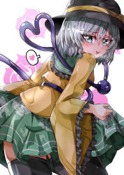 Rule 34 | 1girl, absurdres, black hat, black thighhighs, blouse, commentary request, cowboy shot, eyeball, floral background, floral print, frilled shirt collar, frilled sleeves, frills, from behind, green eyes, green skirt, grey hair, hat, hat ribbon, heart, heart of string, highres, koishi day, komeiji koishi, long sleeves, looking at viewer, looking back, mahoro (minase mahoro), open mouth, print skirt, ribbon, rose background, rose print, shirt, skirt, solo, spoken heart, teeth, thighhighs, third eye, touhou, upper teeth only, wide sleeves, yellow ribbon, yellow shirt, zettai ryouiki