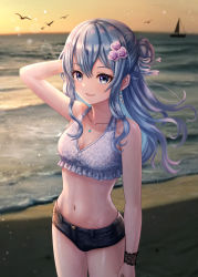 Rule 34 | 1girl, absurdres, arm up, bare arms, bare shoulders, beach, black shorts, blue eyes, blue hair, blurry, bow, breasts, cleavage, collarbone, cowboy shot, crop top, day, denim, denim shorts, depth of field, dusk, earrings, flower, frilled shirt, frills, hair bow, hair bun, hair flower, hair ornament, highres, hololive, hoshimachi suisei, jewelry, medium breasts, micro shorts, midriff, navel, necklace, ocean, open mouth, outdoors, shirt, short shorts, shorts, sidelocks, sleeveless, sleeveless shirt, smile, solo, standing, stomach, thighs, virtual youtuber, wajuniorbox, wet