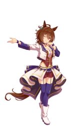 Rule 34 | 1girl, ;), agnes tachyon (umamusume), ahoge, animal ears, breasts, brown hair, chemical structure, choker, cleavage, earrings, empty eyes, hair between eyes, highres, horse ears, horse girl, horse tail, jacket, jewelry, long hair, long sleeves, looking at viewer, medium breasts, messy hair, midriff, official art, one eye closed, purple thighhighs, red eyes, red shorts, short hair, shorts, simple background, single earring, smile, solo, starting future (umamusume), tail, thigh strap, thighhighs, transparent background, umamusume, white jacket