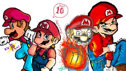 Rule 34 | &gt;:(, 1boy, angry, aqua eyes, blue eyes, brown hair, clenched hand, evil, expressions, fire, gloves, grin, hat, holding own arm, looking at viewer, male focus, mario, mario (series), multiple persona, nintendo, red eyes, smile, smirk, solo, super mario bros. 1, suspenders