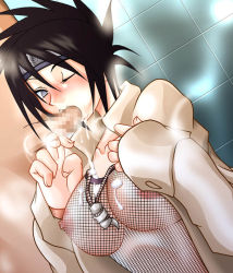Rule 34 | 1girl, :&gt;=, black hair, blush, bodysuit, breasts, censored, coat, cum, cum on body, cum on breasts, cum on clothes, cum on upper body, dutch angle, fellatio, fishnet bodysuit, fishnet top, fishnets, folded ponytail, forehead protector, grey eyes, hetero, impossible bodysuit, impossible clothes, jewelry, large breasts, looking at viewer, mabahn, mitarashi anko, naruto, naruto (series), necklace, nipples, no pupils, one eye closed, oral, penis, ponytail, short hair, tile wall, tiles, trench coat, wince, wink