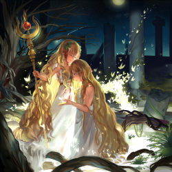 Rule 34 | 1boy, 1girl, blonde hair, closed eyes, dress, hand on another&#039;s head, long hair, magi the labyrinth of magic, multiple girls, rifsom, scheherazade (magi), shooting star, staff, titus alexius, very long hair, wand, water