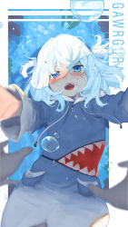 Rule 34 | 1girl, blue eyes, bubble, floating hair, gawr gura, gawr gura (1st costume), highres, hololive, hololive english, hood, hoodie, looking at viewer, open mouth, reaching, reaching towards viewer, rou (rou22), shaded face, sharp teeth, short twintails, silver hair, teeth, twintails, underwater, virtual youtuber