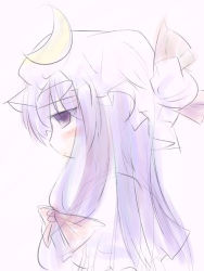 Rule 34 | 1girl, blush, bow, crescent, female focus, from side, hair bow, hat, long hair, mob cap, natsuki (silent selena), patchouli knowledge, purple eyes, purple hair, sketch, solo, touhou