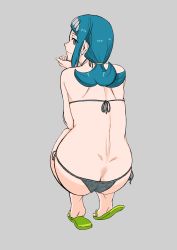 Rule 34 | 1girl, absurdres, ass, back, bikini, black bikini, blue eyes, blue hair, butt crack, creatures (company), feet, from behind, game freak, highres, lana&#039;s mother (pokemon), looking back, mature female, nintendo, pokemon, pokemon (anime), pokemon sm, pokemon sm (anime), ponytail, side-tie bikini bottom, slippers, smile, soles, solo, squatting, swimsuit