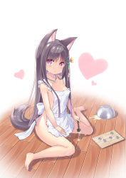 Rule 34 | animal ears, apron, bowl, breasts, brown hair, chocolate, chocolate on body, chocolate on breasts, chocolate on clothes, chocolate on face, chocolate on legs, cookie cutter, cutting board, food, food on face, heart, highres, jewelry, long hair, looking at viewer, medium breasts, messy, naked apron, necklace, original, purple eyes, sexually suggestive, sitting, spatula, tail, tenjou ryuka, valentine, wariza, white chocolate