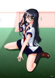 Rule 34 | 1girl, black hair, breasts, glasses, green eyes, highres, long hair, looking at viewer, nipples, okenokoneko, original, school uniform, solo